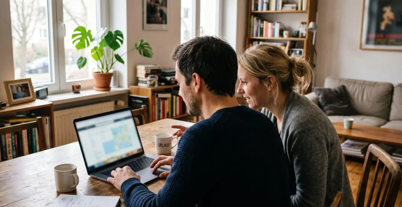 Ein Paar mittleren Alters sitzt gemeinsam am Esstisch und blickt konzentriert auf einen Laptop-Bildschirm, der Bildschirm selbst ist unscharf
