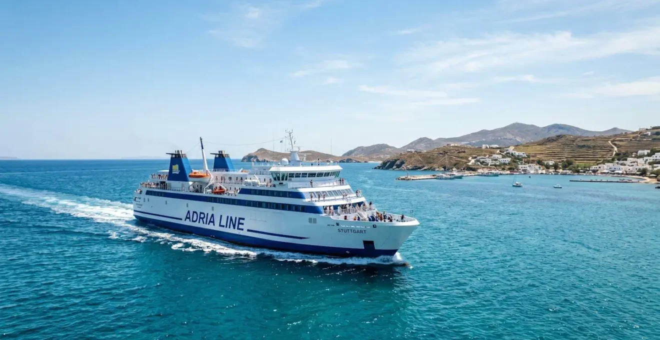 Ein modernes weißes Fährschiff von Corsica Ferries fährt bei strahlendem Sonnenschein über das türkisfarbene Mittelmeer