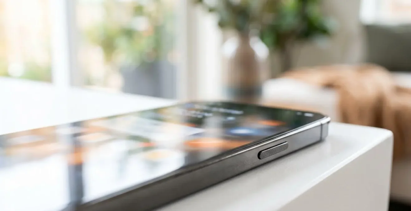 Extreme Nahaufnahme eines Smartphones auf einer sauberen hellen Oberfläche, der Bildschirm zeigt verschwommen eine Buchungsbestätigung, sanftes Tageslicht von der Seite